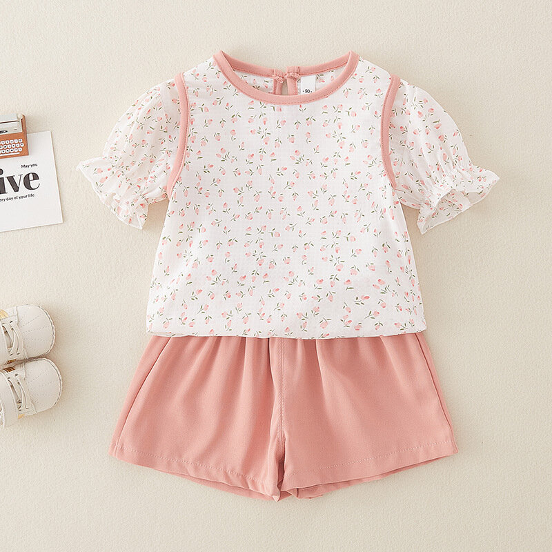 Baby Girls Summer 2PCS Clothes Set Puff Short Sleeve Floral Fake Two Pieces Tops Solid Color Shorts Suit Newborn Girls Outfits