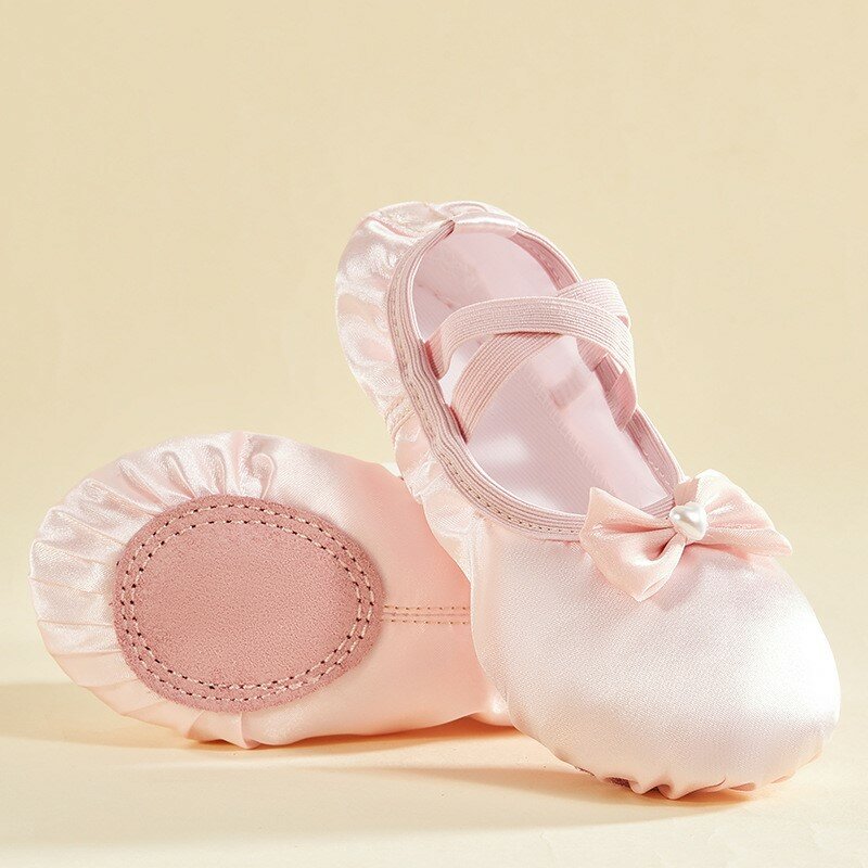 Балетки с жемчужным бантом для девочек, детские танцевальные туфли с мягкой подошвой, балетная танцевальная форма, тренировочная обувь для женщин, танцевальная обувь с кошачьими крапанами