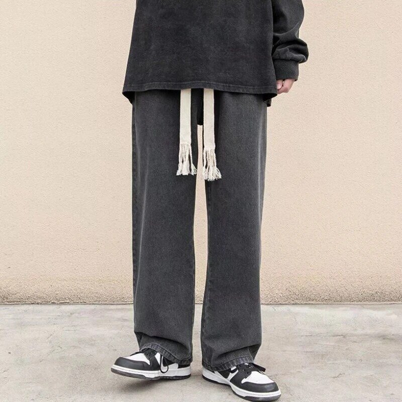 Pantalones vaqueros en negro y gris para hombre, ropa de estilo Vintage, a la moda, de colores sólidos, con ajuste holgado y piernas rectas, novedad de Primavera de 2024