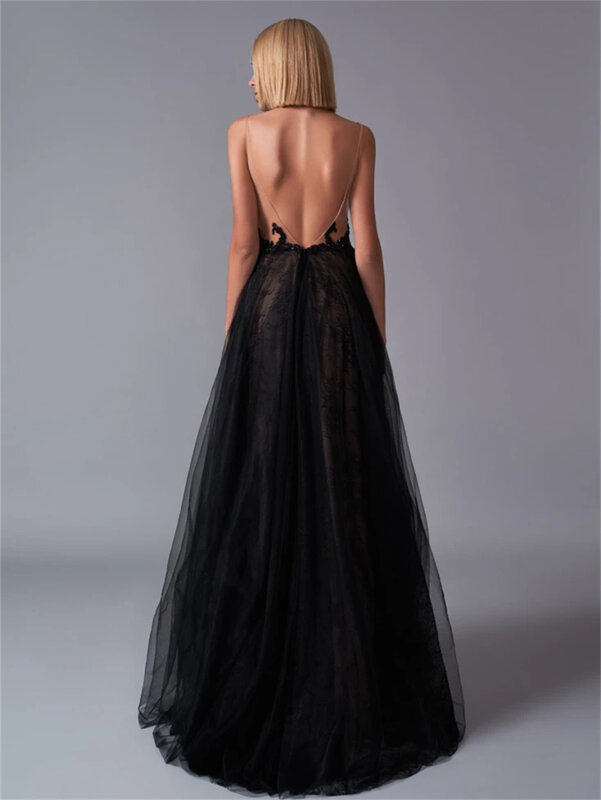 Gaun panjang lantai Motif renda klasik gaun pengantin leher V rendah seksi 2024 gaun pesta sederhana Vestidos De Novia