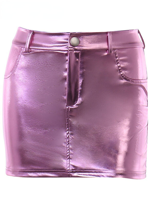 Rok Mini kulit paten mengkilap reflektif perak merah muda musim panas untuk wanita pinggang tinggi garis A pakaian Y2K seksi