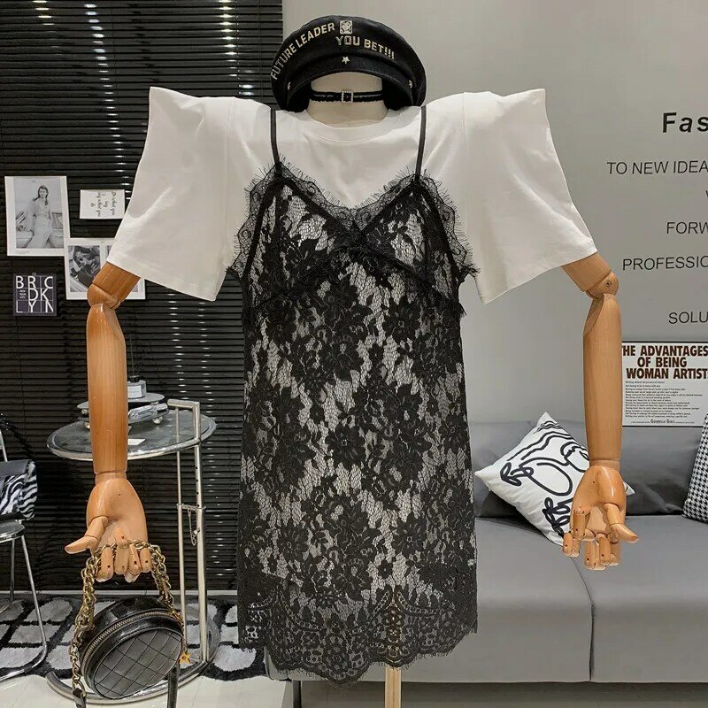Modna modna seksowna koronkowa chusta sukienka prosta i wszechstronna jednokolorowa T-shirt z krótkim rękawem zestaw dwóch