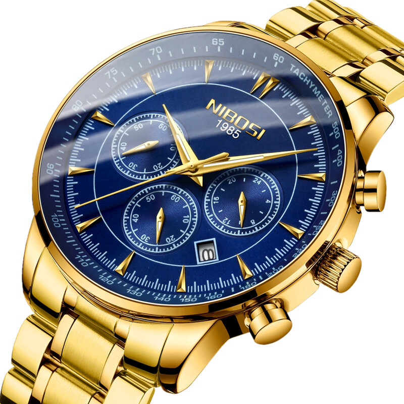NIBOSI jam tangan bercahaya untuk pria, arloji olahraga mewah tahan air tanggal pria Quartz Stainless Steel Reloj + kotak