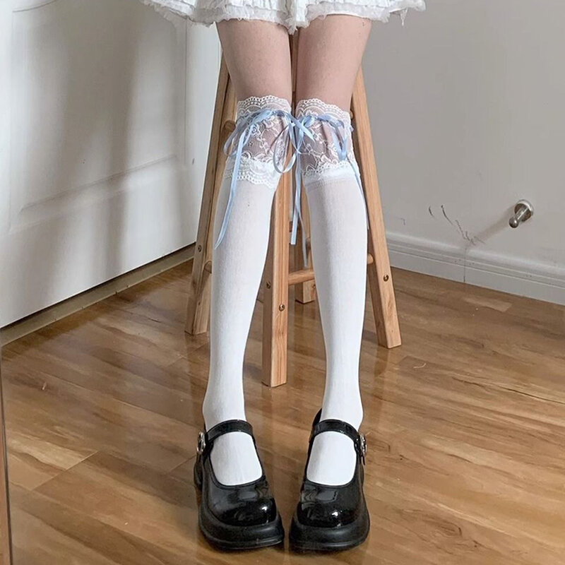 JK kaus kaki olahraga wanita katun putih, mode tren olahraga nyaman selutut Jepang Ins dengan kaus kaki anak sapi yang sama imut
