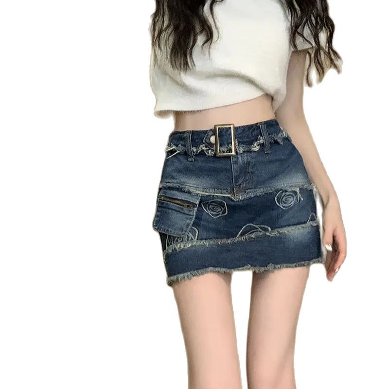 Denim Skirt Raw Edge Embroid Vintage Distressed Women 2024 Summer Design Mini Skirts Woman Korean High Waist Skirt With Shorts