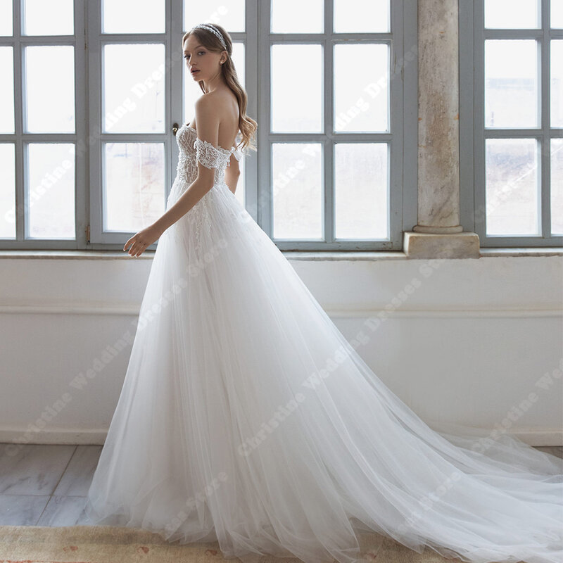 Gaun pernikahan kesayangan seksi Tulle belahan samping gaun pengantin bahu terbuka 2024 gaun pengantin Boho Princess punggung terbuka baru Vestidos De Novia