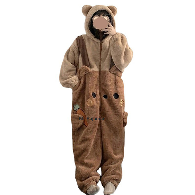 Adult Bear Onesie Winter Flannel Plush Pajamas Halloween Cosplay Costume Animal Christmas Sleepwear Jumpsuit for Women and Men