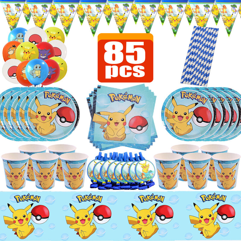 Fournitures de fête d'anniversaire Pokemon Pikachu, décorations de fête, ballons en aluminium, souffleries, ustensiles britanniques, assiette, serviette, fournitures de douche pour bébé, jouet