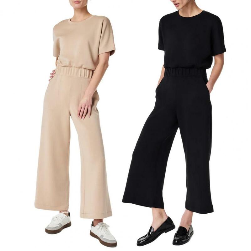 T-shirt Jumpsuit Stylish Summer Women's Jumpsuit with O Neck Short Sleeves Elastic Waist Wide Leg Design with Side Pockets Solid