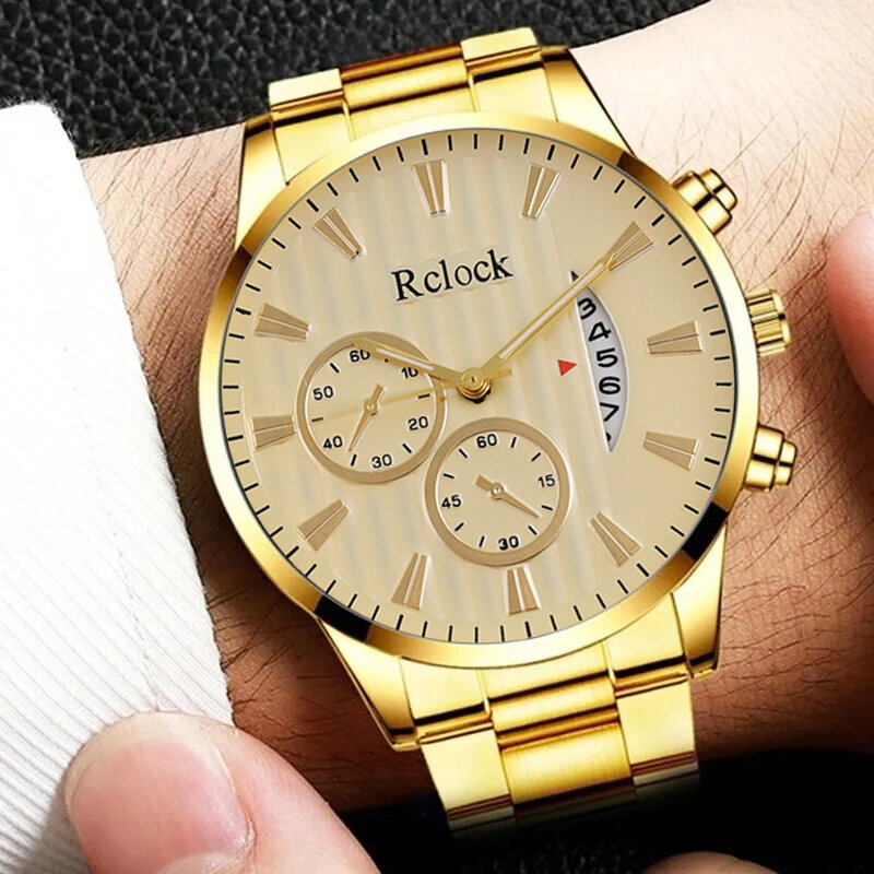 Relógio de quartzo de aço inoxidável masculino, pulseira de ouro, colar cruzado, relógios de negócios, moda casual, conjunto 3 peças