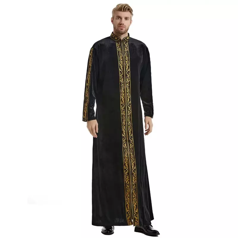 男性用長袖ローブ、イスラム教徒のローブ、ゴールドベルベット、刺繍、アラビア、イスラムの祈りのドレス、民族衣装、ノーブル、ラグジュアリー、T