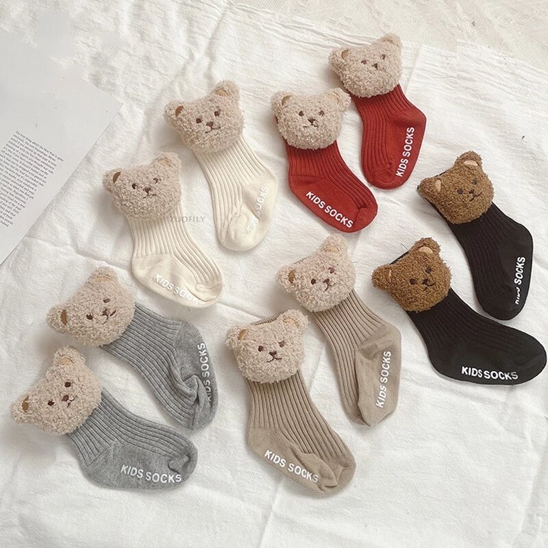 Calcetines antideslizantes de algodón suave para niño y niña, calcetín con dibujos de oso, Animal, Otoño e Invierno