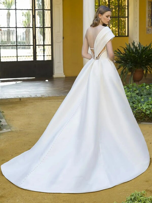 Customized A Line Bridal Dress Detachable One Shoulder Criss-cross Pleated Bodice Illusion Corset Back Mikado Wedding Dresses