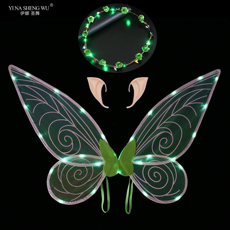 LED ผีเสื้อ Fairy ปีกประสิทธิภาพบทบาทเล่นชุดนางฟ้าเจ้าหญิงแองเจิลปีกอุปกรณ์เสริมสำหรับเวที Fairy หู + หัวแหวน