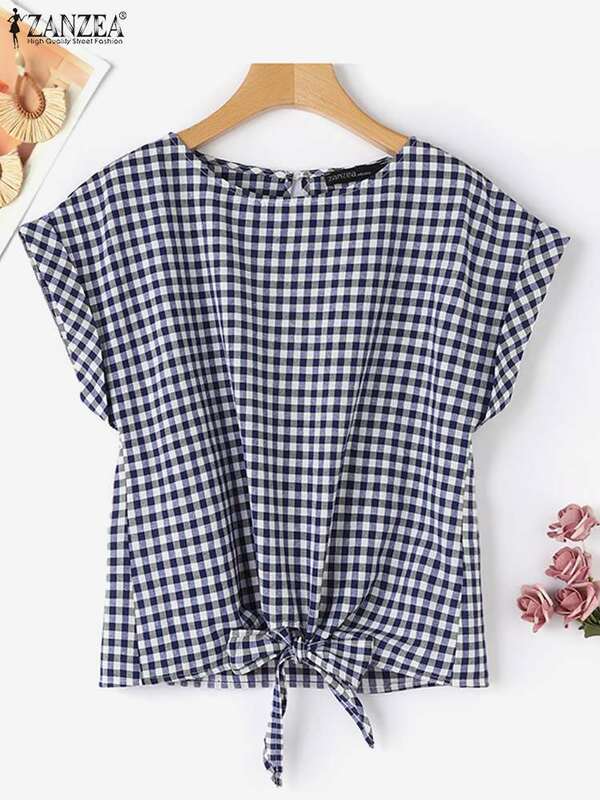 2024 ZANZEA Tops Summer Fashion Plaid Checked Women Short Sleeve Bow Tie Blouse Vintage Party Holiday Shirt Casual Loose Blusas