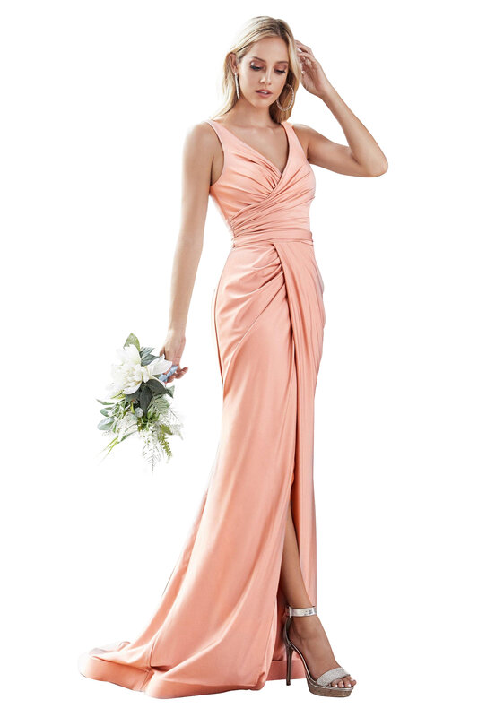Платье Свадебное Плиссированное с V-образным вырезом, длинным рукавом и широким разрезом