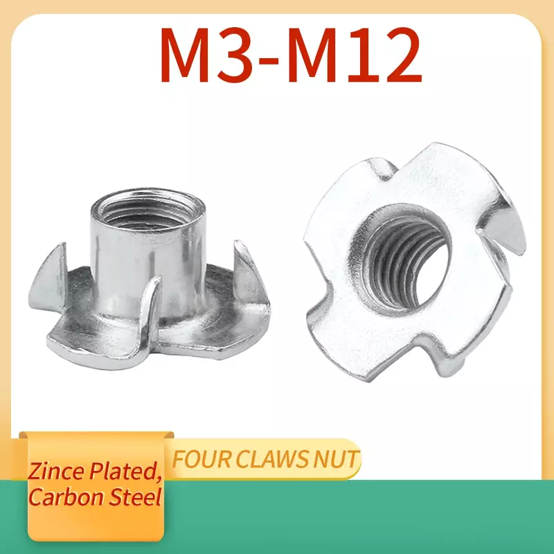5/10/20/50pcs M3 m4 m5 m6 m8 M10 M12 Zinc Plated Four Claws Nut Speaker T-nut Blind Pronged Insert Tee Nut Inserts