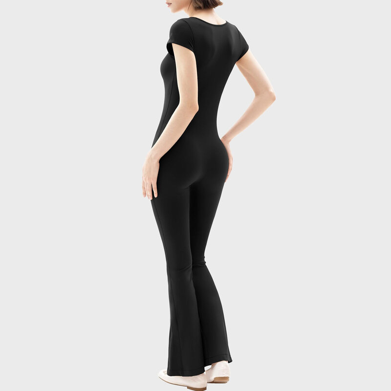 2024 modne damskie kombinezony eleganckie z krótkim rękawem z dekoltem U-dekoltem jednolity dopasowany spodnie Flare imprezowy Streetwear