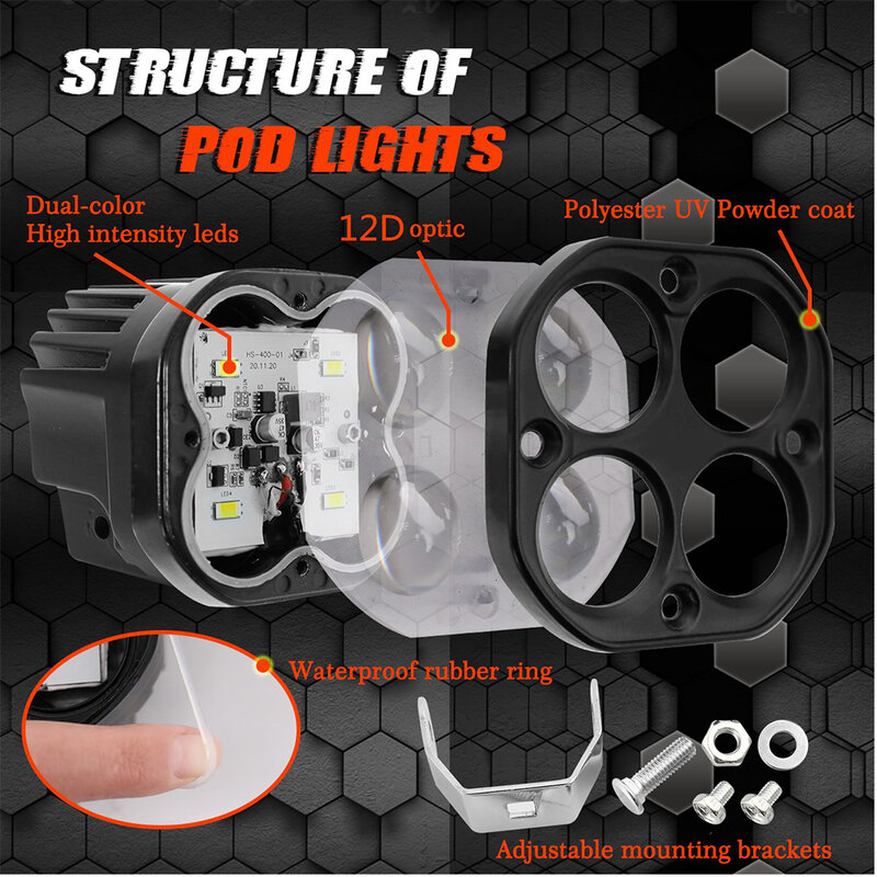 Super Bright Dual Color LED Spotlights, Fog Lamp, Farol Acessório para Motocicleta Caminhão Carro SUV ATV 30000LM 24V 12V, 200W, 3"