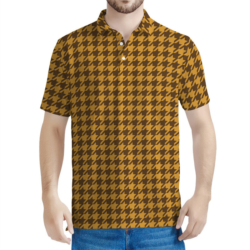 Polo de pata de gallo con estampado 3D para hombre, camiseta con botones, camisetas de manga corta de calle de verano, camisetas de gran tamaño