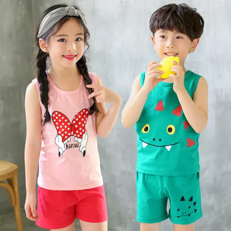 2 4 6 8 Years Children's Pajamas Vest Set Baby Boy Shorts Outfits Little Girl Home Clothing Summer Comfortable Loungewear NEW