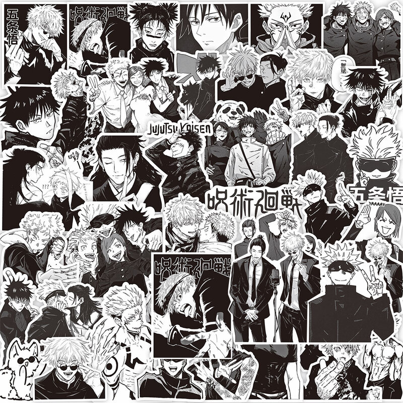 Jujutsu Kaisen-pegatinas de Anime, calcomanías impermeables para ordenador portátil, teléfono, coche, 10/30/65 piezas, blanco y negro, Itadori Yuji Satoru Gojo
