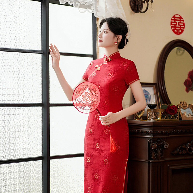 Gaun panjang Tiongkok Mandarin elegan renda Cheongsam terpisah ramping seksi Qipao wanita ukuran Plus musim panas musim semi