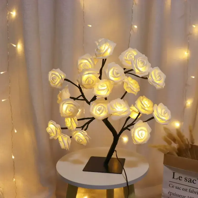 테이블 램프 꽃 나무 장미 램프, 요정 책상 야간 조명, USB 작동, 결혼식 선물, 발렌타인 크리스마스 장식, 24 헤드