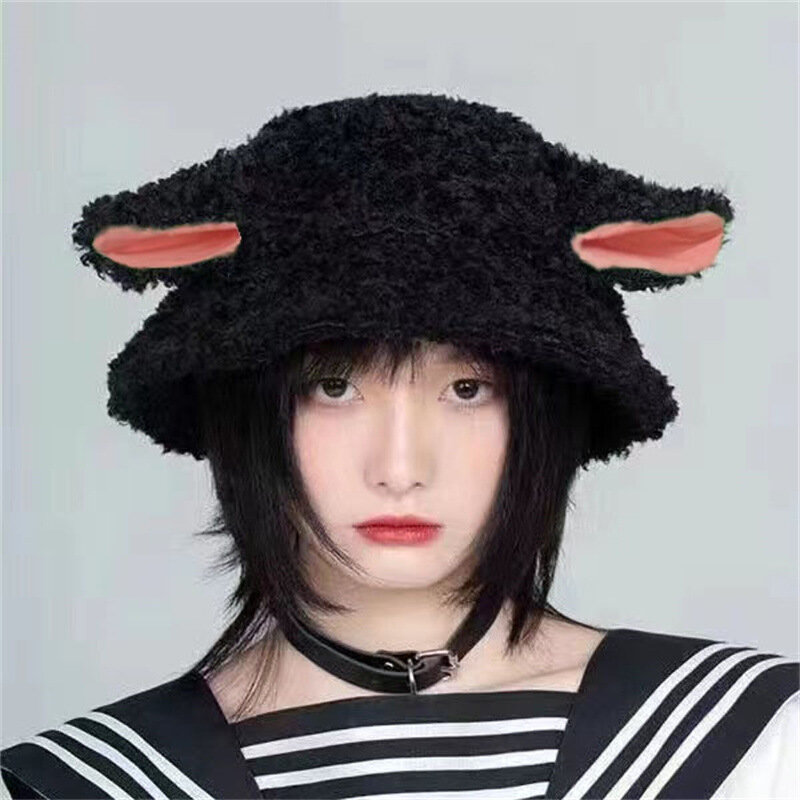 Topi lembut telinga domba lucu topi nelayan topi nelayan wanita topi hangat musim dingin baskom hewan topi wol domba topi berbulu