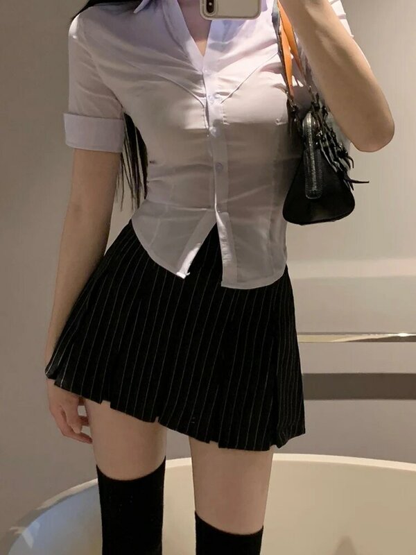 Плиссированная юбка в полоску HOUZHOU в стиле преппи, Женская винтажная пикантная Милая корейская модная трапециевидная черная мини-юбка с высокой талией Y2K 2000s