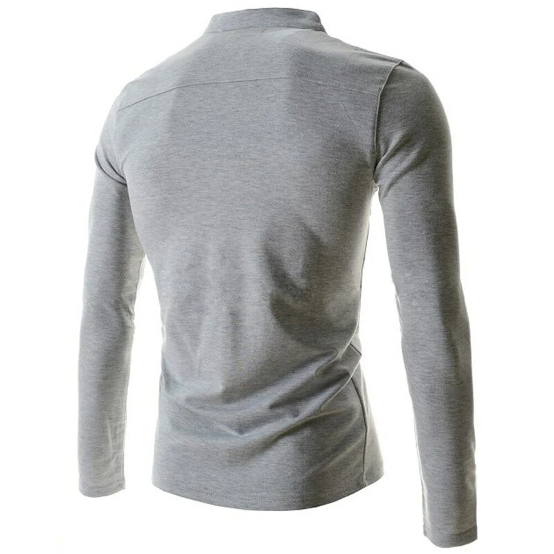 Повседневная Теплая мужская футболка на пуговицах с воротником-стойкой, эластичный однотонный приталенный пуловер с длинным рукавом, топы, футболки, мужская одежда
