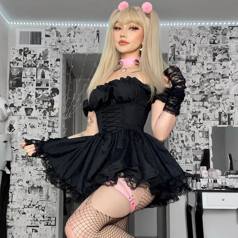 Gaun Hitam Gotik Lolita Gaun Mini Pinggang Tinggi Lengan Puff Estetika Gotik Gaun Pesta Korset Balutan Renda Antik