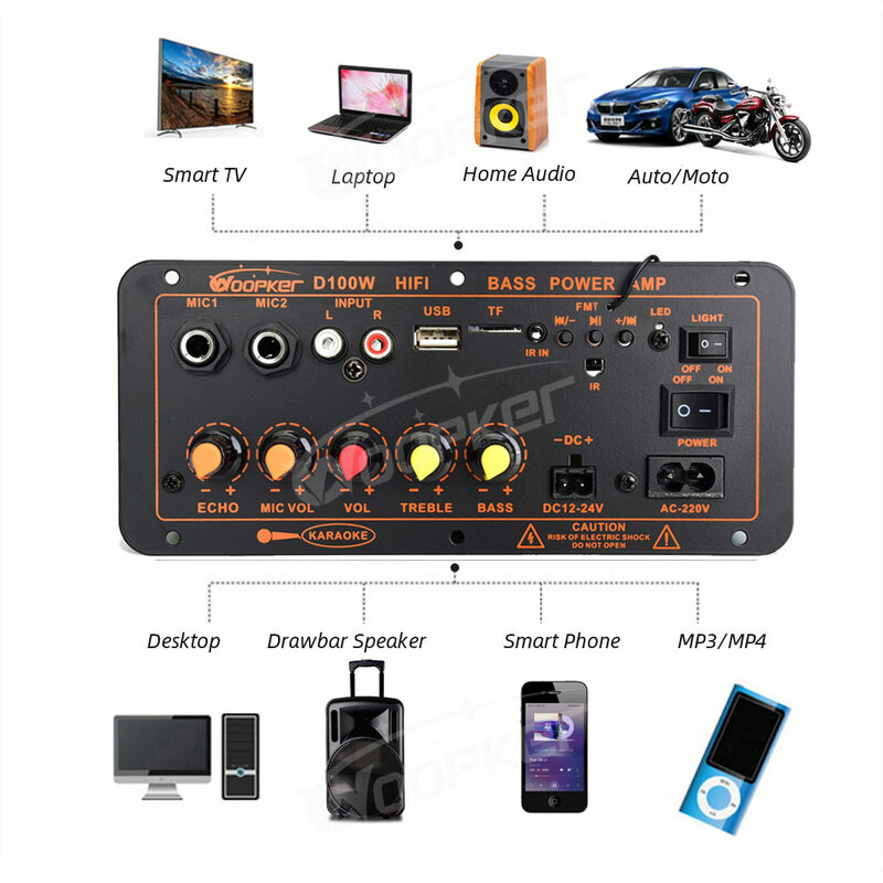 Woopker 300W Bluetooth Audio Amplifier Board D100 Subwoofer Dual Microphone AMP Module 12V 24V 220V Medie Player