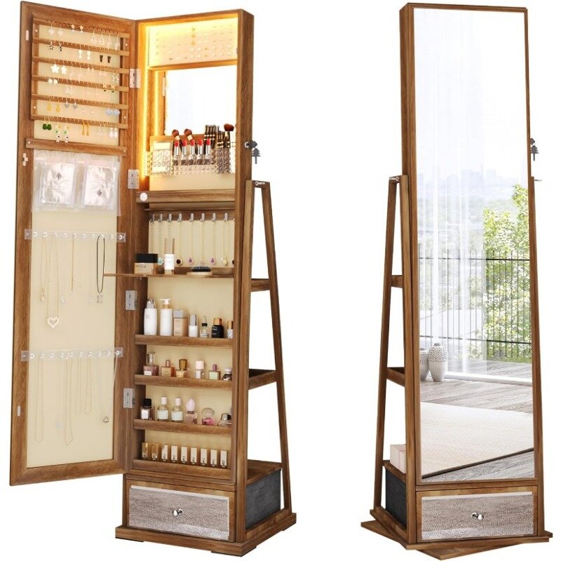 Armário de jóias com chave com luz, armazenamento de jóias, espelho de corpo inteiro, 360 ° giratório, organizador do armário de jóias