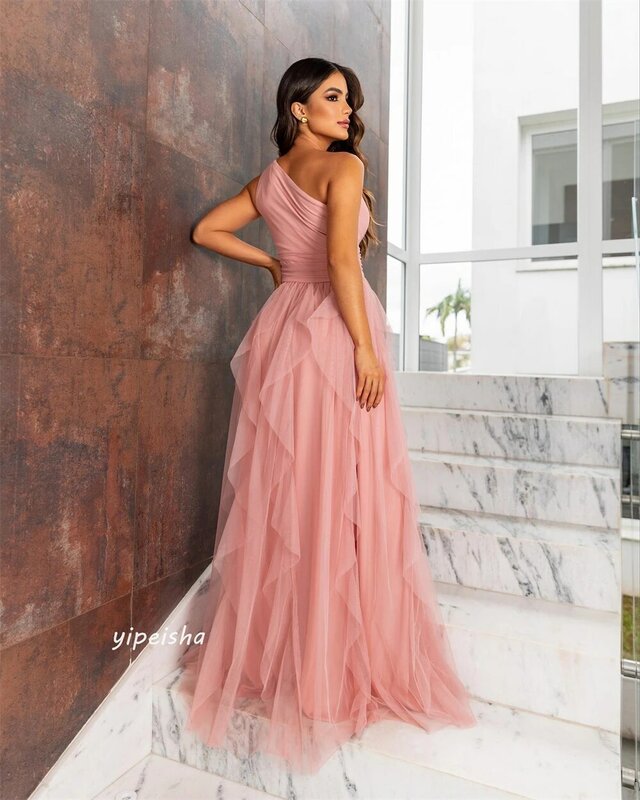 Prom Dress Saudi Arabia   Tulle Draped Pleat Quinceanera A-line One-shoulder Bespoke Occasion es Floor-Length