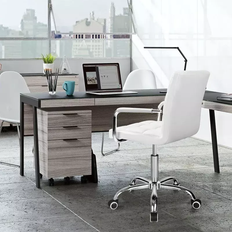 PU Leather Mid-Back Office Task Chair, Cadeira giratória com nervuras, Home Desk ajustável, Retro cadeira de trabalho confortável, giratória moderna, Grau giratório