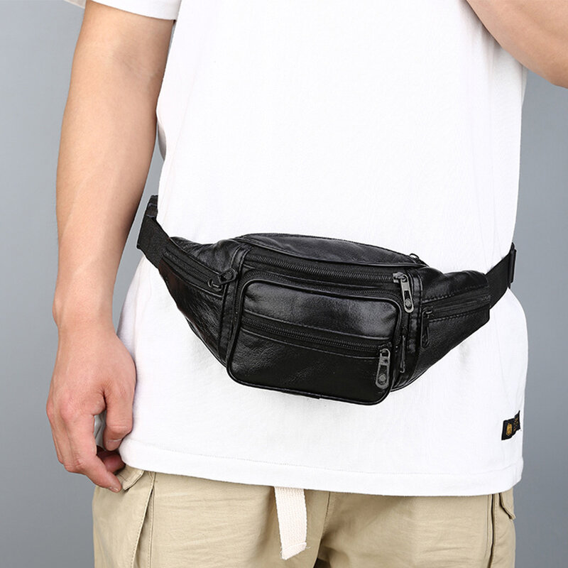 Leather Waist Packs For Men Fanny Pack Belt Bag Phone Pouch Mini Travel Chest Bag Male Crossbody Bag Leather Pouch Zipper