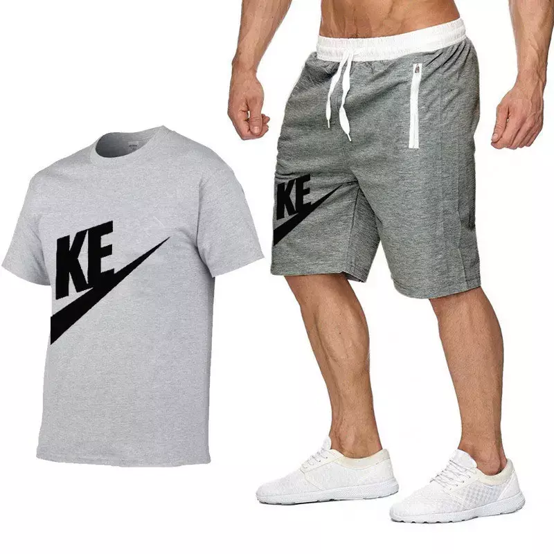 Camiseta masculina de manga curta de algodão estampada e Shorts Suit, moletom de jogging, conjuntos esportivos masculinos, verão, marca, S-XXL