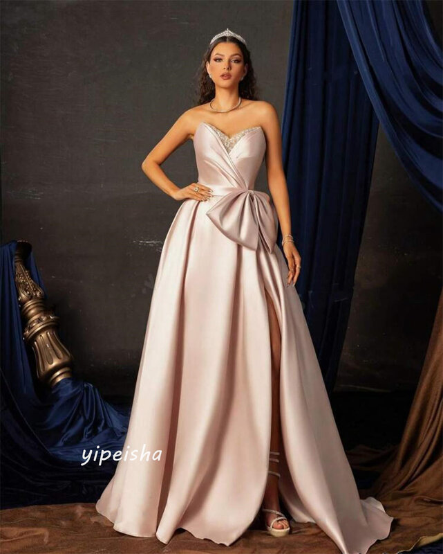 Gaun Prom gaun pesta Satin terbungkus pita kotak-kotak gaun pesta tanpa tali A-line gaun acara Bespoke gaun panjang Arab Saudi malam