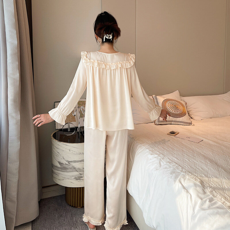 Атласная кружевная ночная рубашка в стиле пэчворк, милый женский Пижамный костюм, комплект из 2 предметов для сна с длинным рукавом, домашняя одежда, Весенняя Пижама с V-образным вырезом