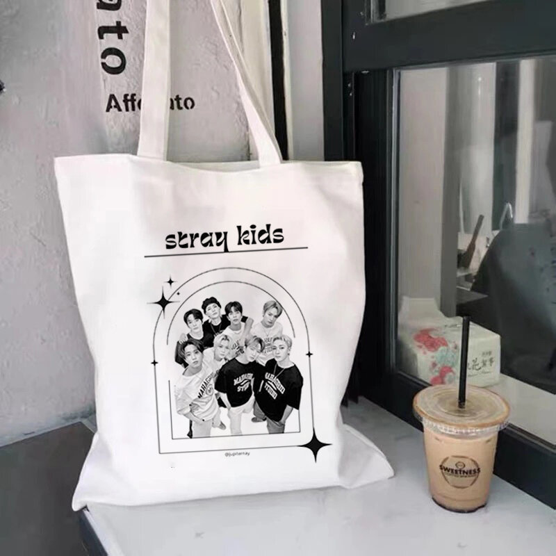 Kpop tas Tote lucu SKZ tas belanja bahu untuk wanita Eco dapat dilipat tas belanja dapat digunakan kembali gaya Korea baru