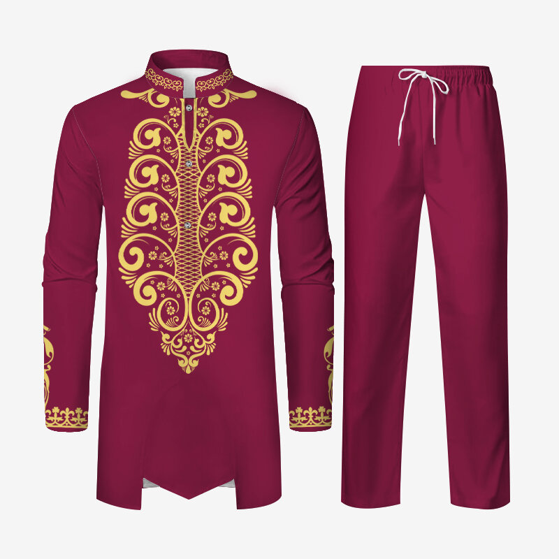 メンズ長袖ダシキシャツとパンツセット,伝統的なイスラム教徒の衣装,伝統的な高級パターン,2個