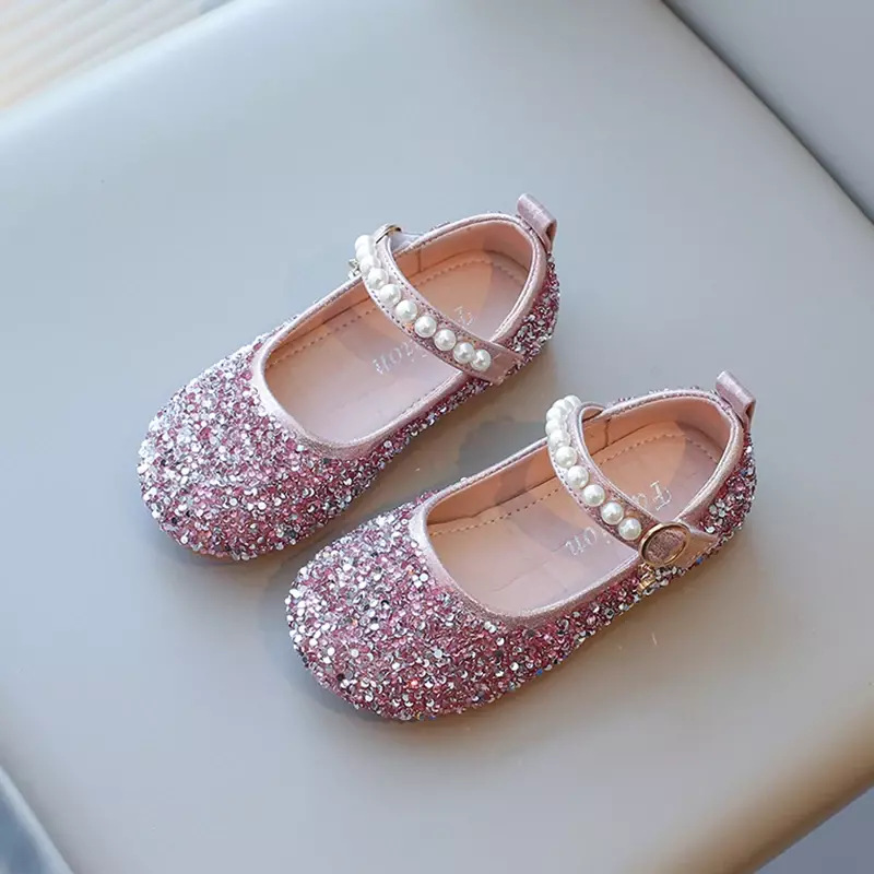 Sapatos femininos de couro com glitter com strass e pérolas, Princess Flats, sapatos infantis, médios, grandes, festa infantil, casamento