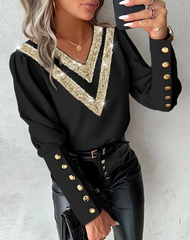 blouse for Women 2023 Autumn Winter Sexy V Neck Tops Pullover Ladies Long Sleeve Contrast Sequin Buttoned Casual Loose Shirt