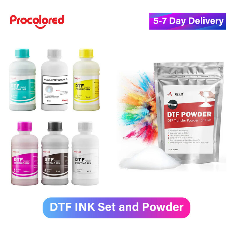 Conjunto de tinta DTF procored e Dtf Powder, 250ml * 5 CMYKW, tinta de transferência para filme de transferência direta, recarga para impressora DTF