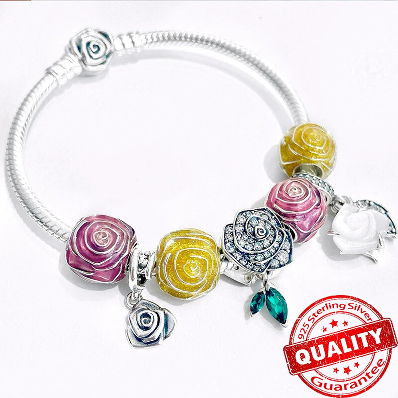 925 Sterling Silver Classic Flower Pendant, Rose in Bloom, Dangle Charm, Fits Pandora Pulseira, Colar de Jóias, 3mm