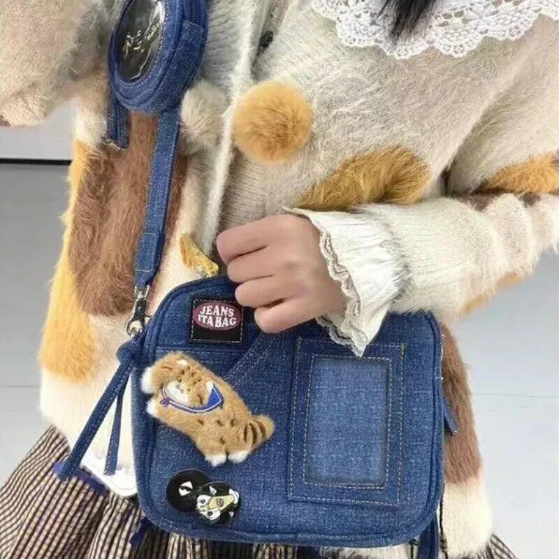 Xiuya Y2K 빈티지 데님 핸드백, 귀여운 캐주얼 패션 체이스 스타 통증 가방, 2023 봄 신상 패션 디자이너 럭셔리 스퀘어 백