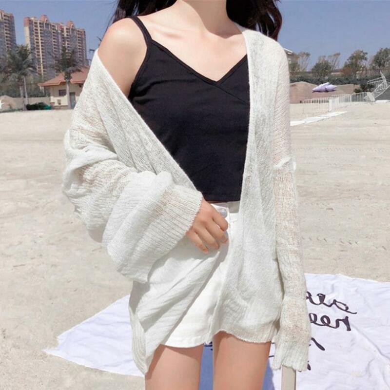 Summer Sun Protective Coat Open Stitch Cardigan Loose Solid Color Knitted Long Sleeves Office Warm Shawl Outdoor Anti-UV Jacket
