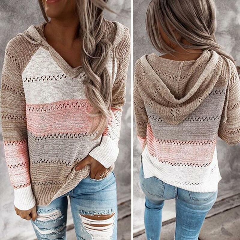 Lady Top Colorblock Striped Patchwork Hoodie Cozy Knitted Women's Fall/winter Sweater with Drawstring Elastic V Neck Loose Fit