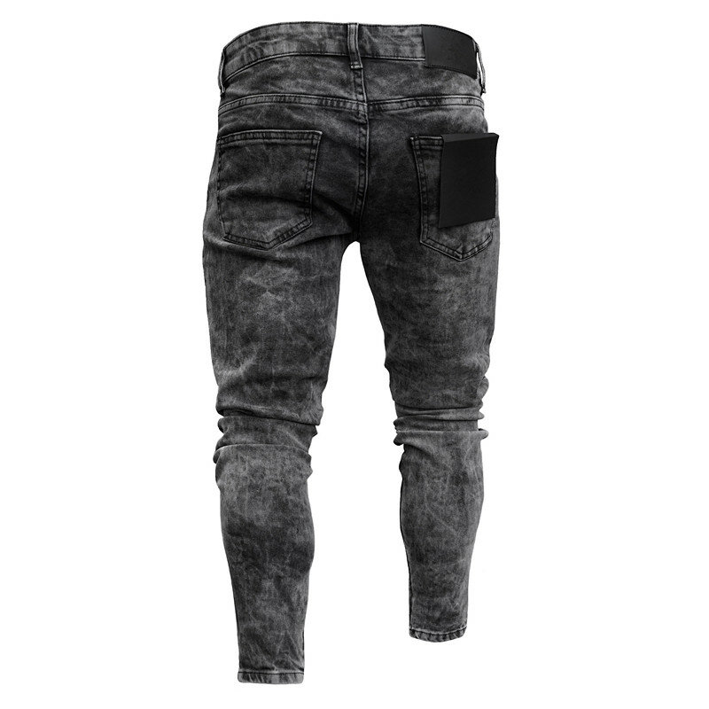 Biker Jeans Men's Distressed Stretch Ripped Biker Pure Color Jeans Men Hip Hop Slim Fit Holes Punk Jeans Zipper Denim Pants